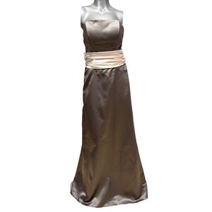 Mackenzie Michaels Brown Satin Strapless Gown Cream Sash Sz 2 Formal  Prom Dress